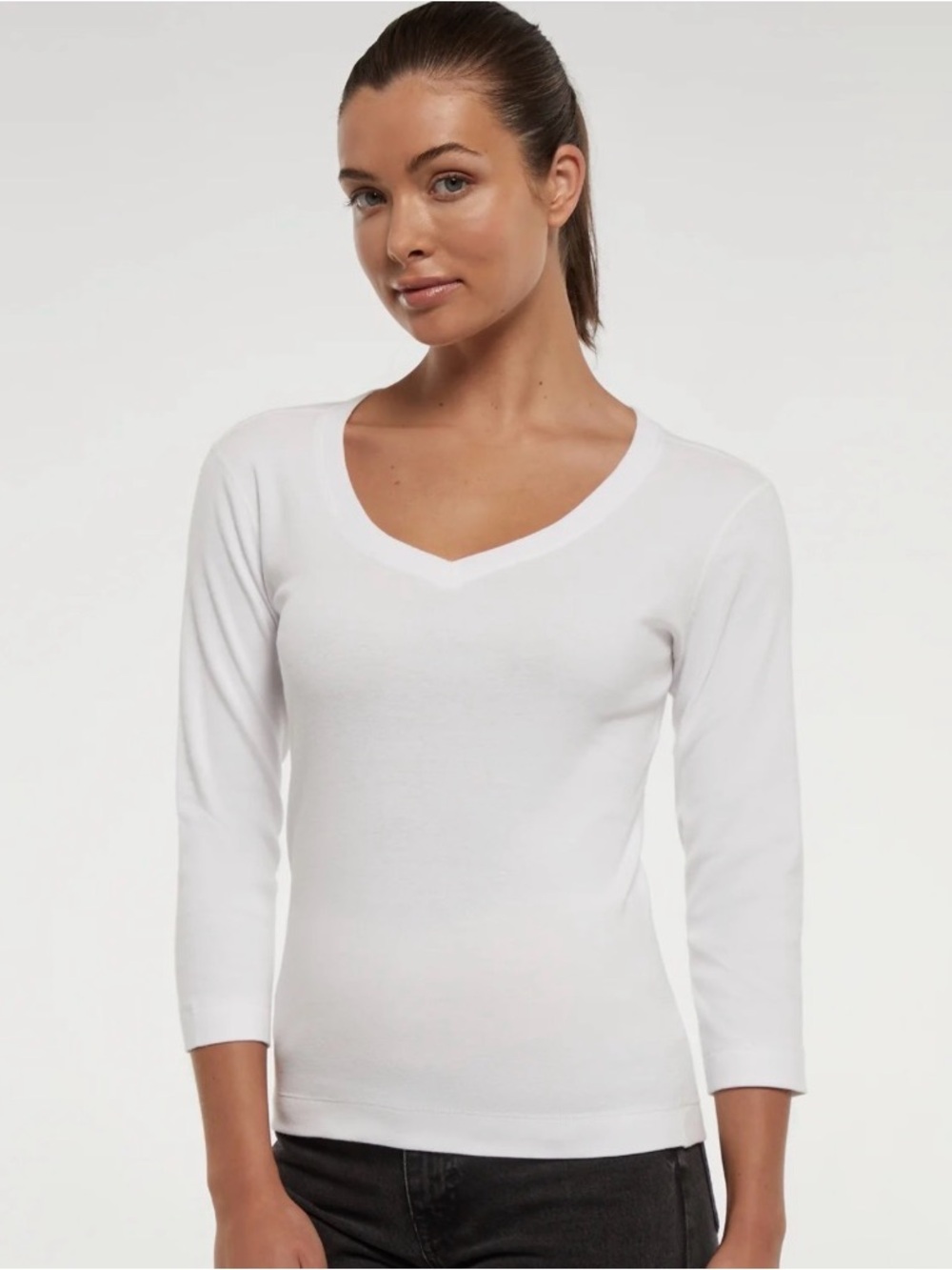 Pure Jill 100% Pima Cotton White V neck XS T with 3/4 sleeves